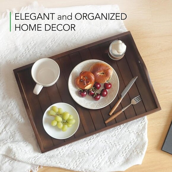 New Large Wooden Serving Tray with Handles 20x14" Decorative Coffee Ottoman Tray - Picture 1 of 7